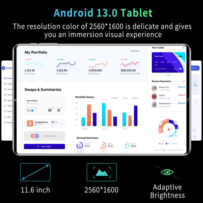 Tablet versione globale originale al 2024 11.6 pollici HD 4K Android 13 16GB + 1T 12000mAh 5G Dual SIM telefonata WiFi Tablet GPS