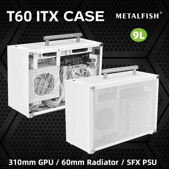 METALFISH T60 Mini ITX Custodia nera da 9 litri con pannello laterale in acrilico o rete e supporto maniglia portatile SFX PSU/GPU da 310 mm/ventola da 2 * 120 mm