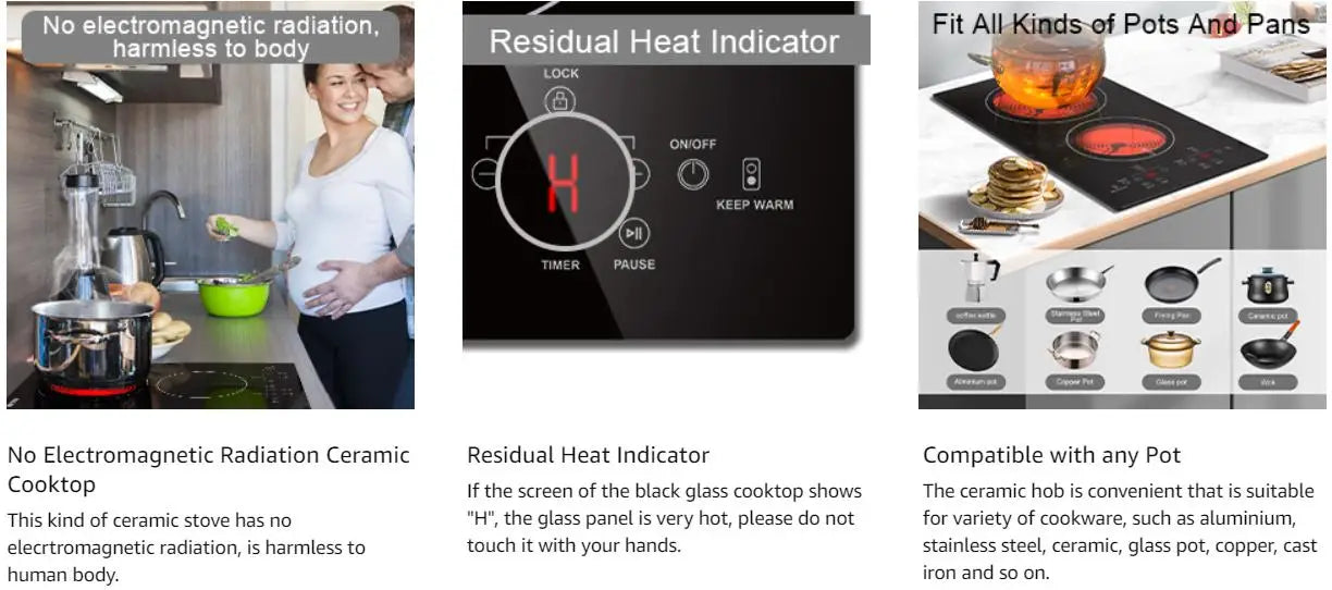 Karinear piano cottura elettrico a 2 fuochi, piano cottura in ceramica Plug-in da 120v, piano cottura elettrico da 12 pollici e piano cottura elettrico da incasso con bambino S