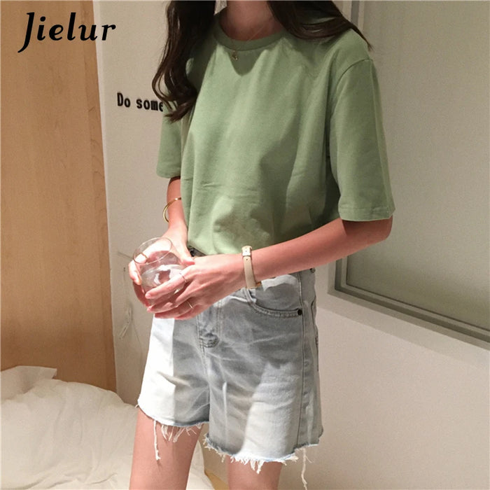 Jielur Tee Shirt tinta unita Basic T Shirt donna Casual o-collo Harajuku estate Top coreano Hipster bianco Tshirt S-XL