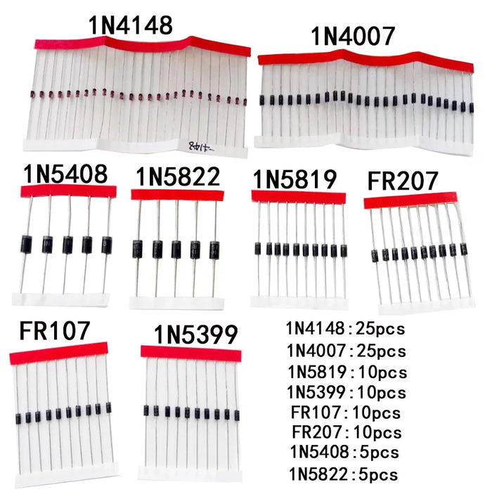 Set di kit diodi Schottky a commutazione rapida 1N4148 1N4007 1N5819 1N5399 1N5408 1N5822 FR107 FR207,8 valori = 100 pezzi, componenti elettronici