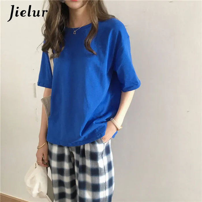 Jielur Tee Shirt tinta unita Basic T Shirt donna Casual o-collo Harajuku estate Top coreano Hipster bianco Tshirt S-XL