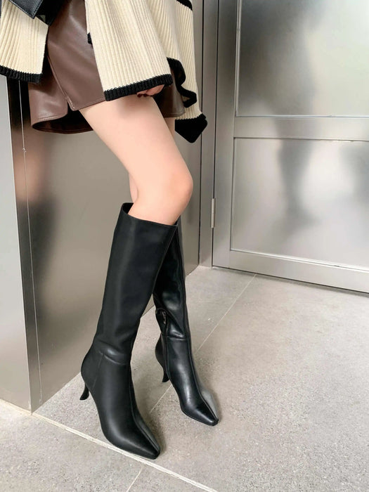 Krazing Pot Cow Split Leather Small Square Toe Stiletto tacchi alti stile semplice scarpe invernali calde Beauty Lady stivali alti alla coscia