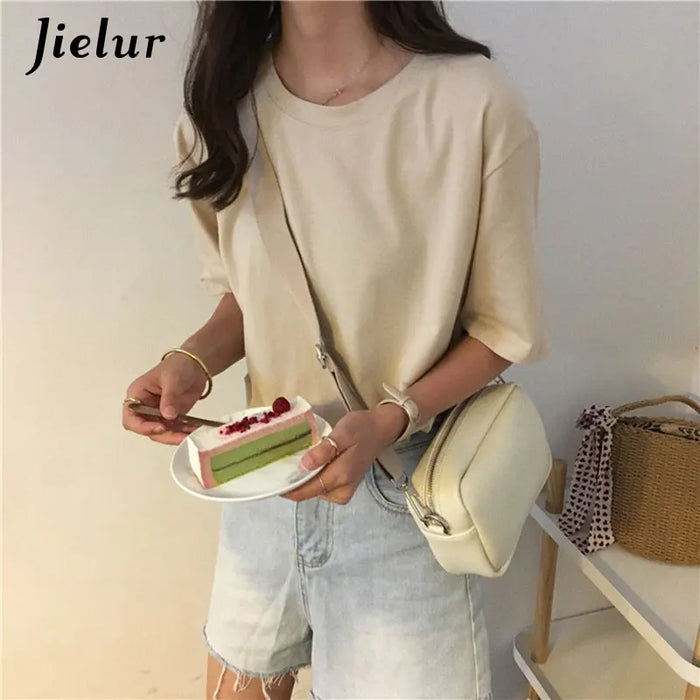 Jielur Tee Shirt tinta unita Basic T Shirt donna Casual o-collo Harajuku estate Top coreano Hipster bianco Tshirt S-XL