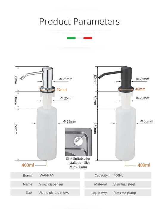 Dispenser di sapone da cucina da 400ml montato sul ponte pompa in acciaio inossidabile cromata rifinita per cucina Dispenser da banco incorporato 2309