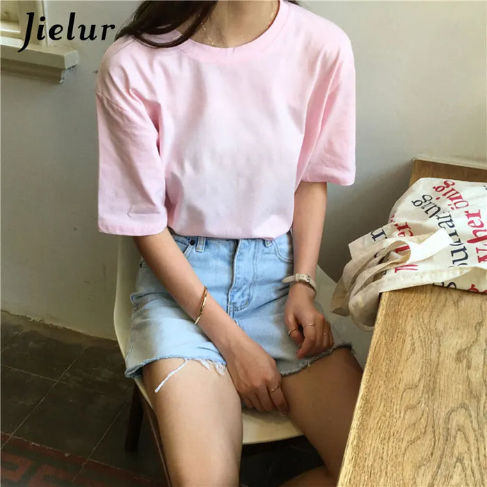 Jielur Tee Shirt tinta unita Basic T Shirt donna Casual o-collo Harajuku estate Top coreano Hipster bianco Tshirt S-XL