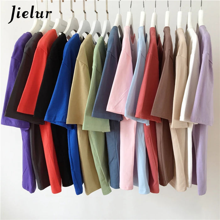 Jielur Tee Shirt tinta unita Basic T Shirt donna Casual o-collo Harajuku estate Top coreano Hipster bianco Tshirt S-XL