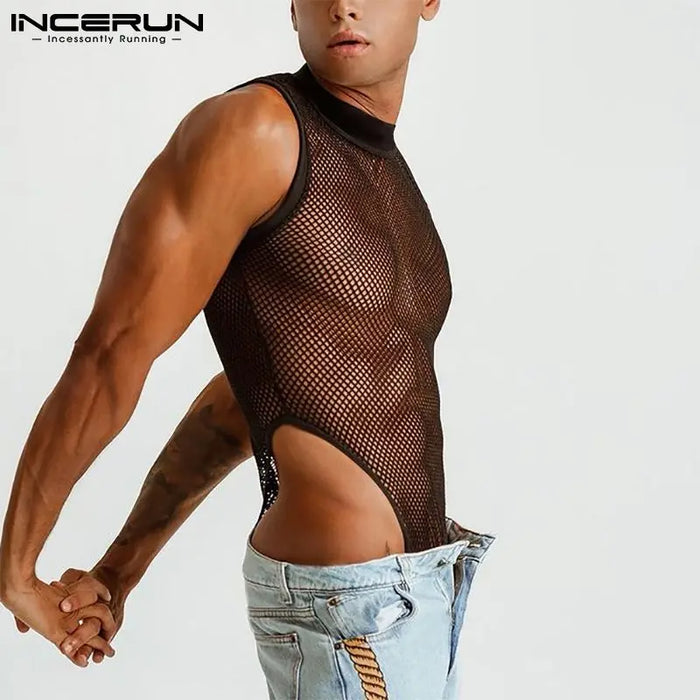 INCERUN 2023 Men body Mesh Patchwork See Through Sexy senza maniche pagliaccetti sottili intimo Skinny Fashion body maschili S-5XL