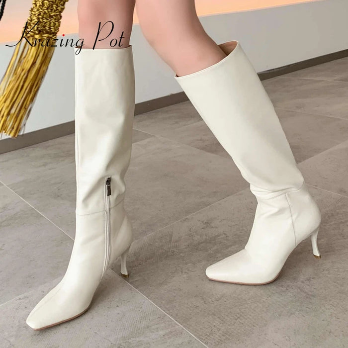 Krazing Pot Cow Split Leather Small Square Toe Stiletto tacchi alti stile semplice scarpe invernali calde Beauty Lady stivali alti alla coscia