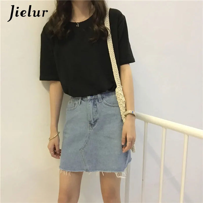 Jielur Tee Shirt tinta unita Basic T Shirt donna Casual o-collo Harajuku estate Top coreano Hipster bianco Tshirt S-XL