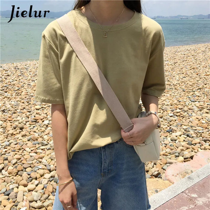 Jielur Tee Shirt tinta unita Basic T Shirt donna Casual o-collo Harajuku estate Top coreano Hipster bianco Tshirt S-XL