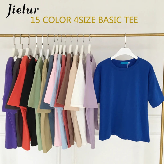 Jielur Tee Shirt tinta unita Basic T Shirt donna Casual o-collo Harajuku estate Top coreano Hipster bianco Tshirt S-XL