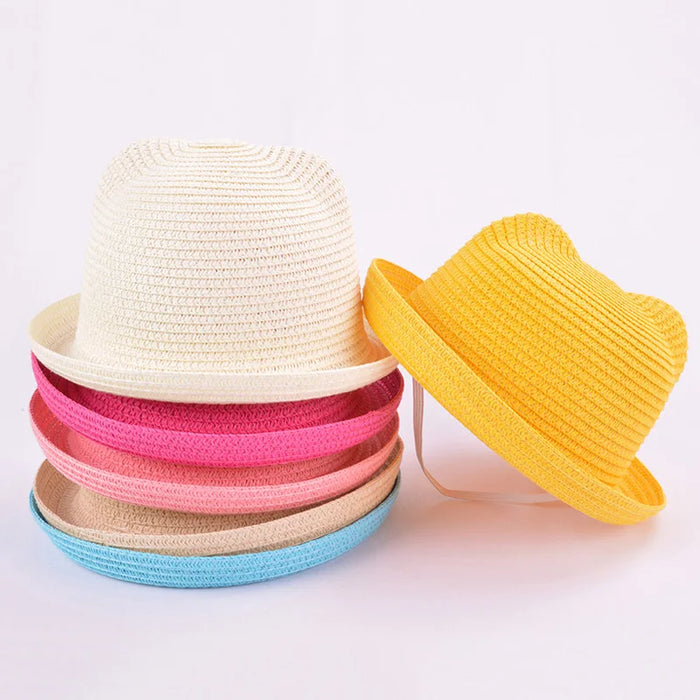 Moda bella ragazze ragazzi cappelli di paglia copricapo estate bambini bambino secchio cappello da sole carino orecchio solido floscio berretto da spiaggia per i bambini