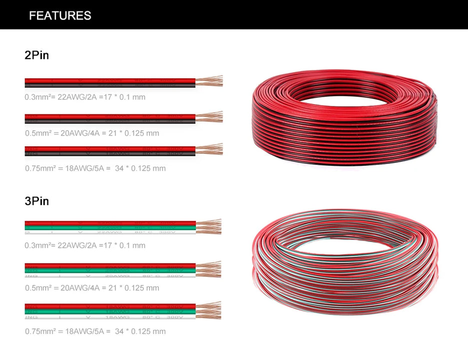 10m 2pin 3pin 4pin 5pin Electric Wires 22AWG 20AWG 18AWG WS2812B WS2813 5050 RGBW Flexible LED Cable Connector Extension Wire