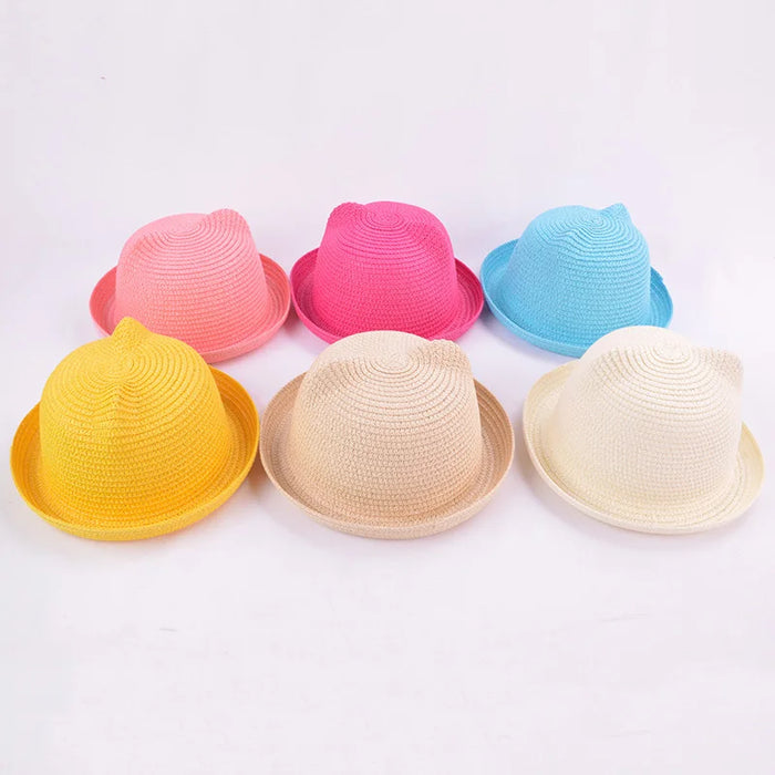 Moda bella ragazze ragazzi cappelli di paglia copricapo estate bambini bambino secchio cappello da sole carino orecchio solido floscio berretto da spiaggia per i bambini