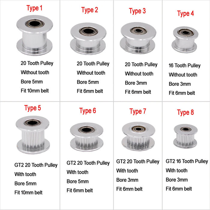 GT2 puleggia dentata folle 16 denti 20 denti con foro 3mm o 5mm con cuscinetti per parti della stampante 3D cinghia dentata 6mm 10mm