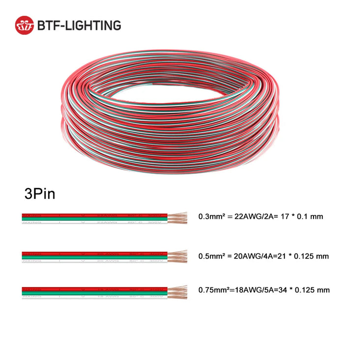 10m 2pin 3pin 4pin 5pin Electric Wires 22AWG 20AWG 18AWG WS2812B WS2813 5050 RGBW Flexible LED Cable Connector Extension Wire