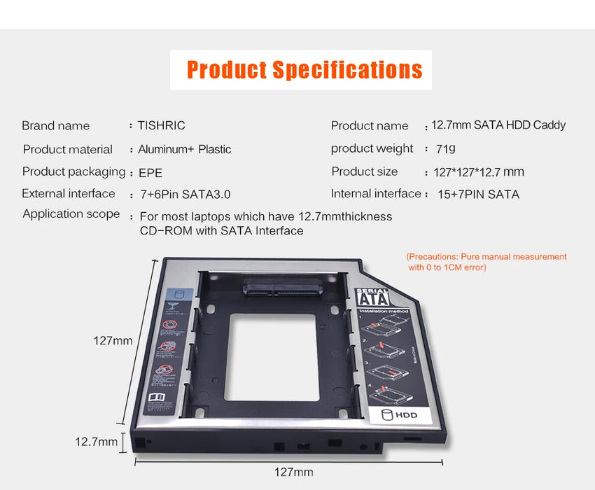 TISHRIC Universal 2nd HDD Caddy 9.5 12.7mm SATA 3.0 2.5 Hard disk Caddy Adapter DVD SSD per Laptop Optical Bay HDD Case