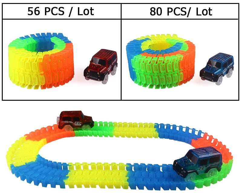 Glow Pista di Corsa Set 5 Ha Condotto La Luce Della Pista Auto Flessibile Incandescente Tracce Giocattolo 162/165/220/240 Pista flessibile Railway LED Auto