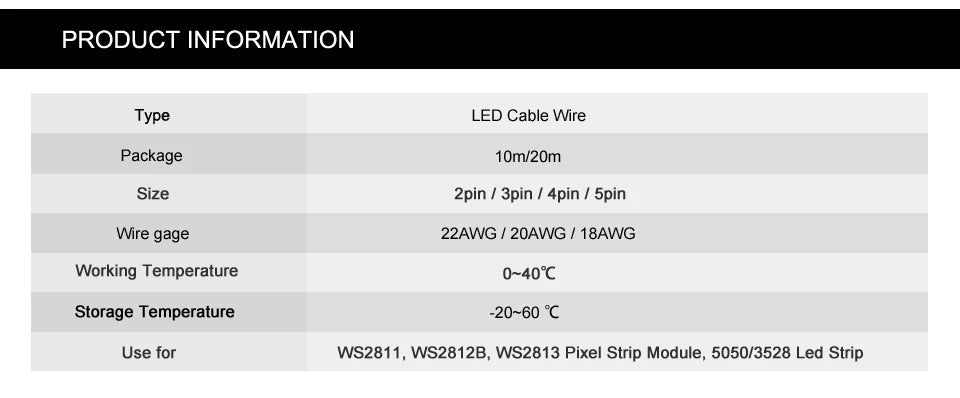 10m 2pin 3pin 4pin 5pin Electric Wires 22AWG 20AWG 18AWG WS2812B WS2813 5050 RGBW Flexible LED Cable Connector Extension Wire