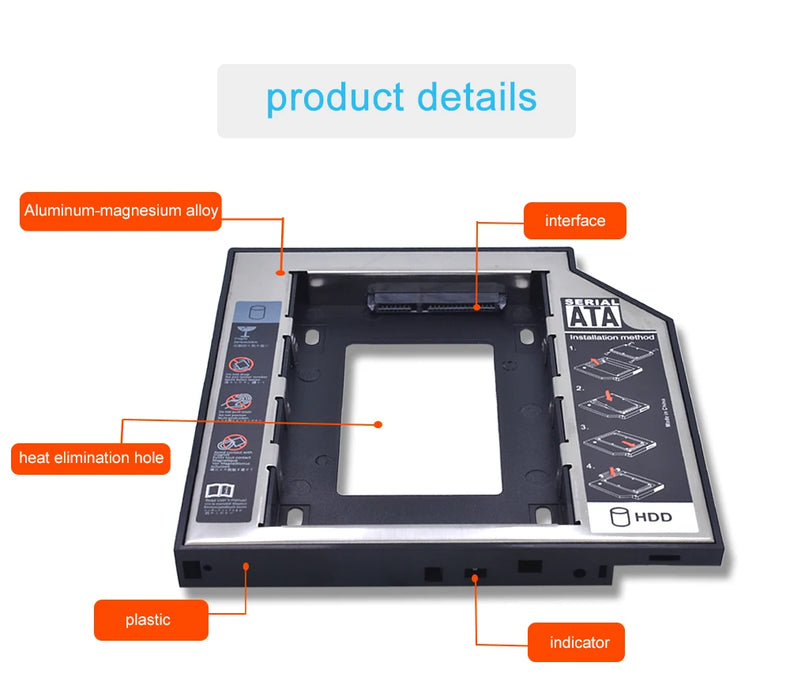 TISHRIC Universal 2nd HDD Caddy 9.5 12.7mm SATA 3.0 2.5 Hard disk Caddy Adapter DVD SSD per Laptop Optical Bay HDD Case