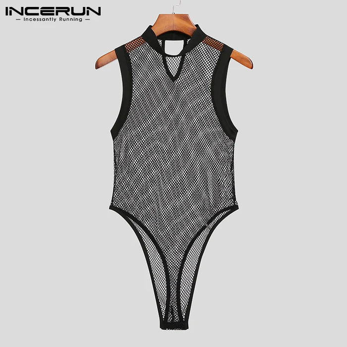 INCERUN 2023 Men body Mesh Patchwork See Through Sexy senza maniche pagliaccetti sottili intimo Skinny Fashion body maschili S-5XL