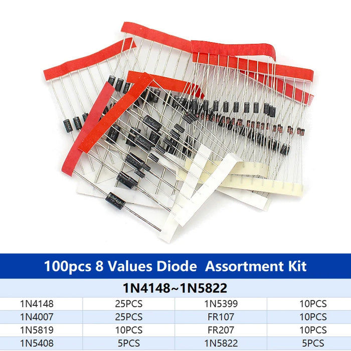 Set di kit diodi Schottky a commutazione rapida 1N4148 1N4007 1N5819 1N5399 1N5408 1N5822 FR107 FR207,8 valori = 100 pezzi, componenti elettronici