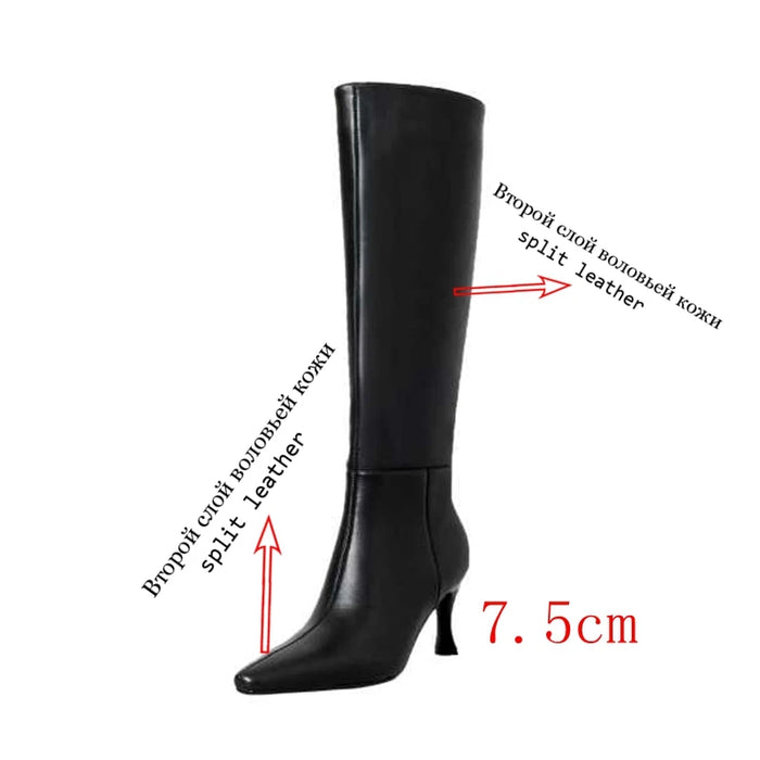 Krazing Pot Cow Split Leather Small Square Toe Stiletto tacchi alti stile semplice scarpe invernali calde Beauty Lady stivali alti alla coscia