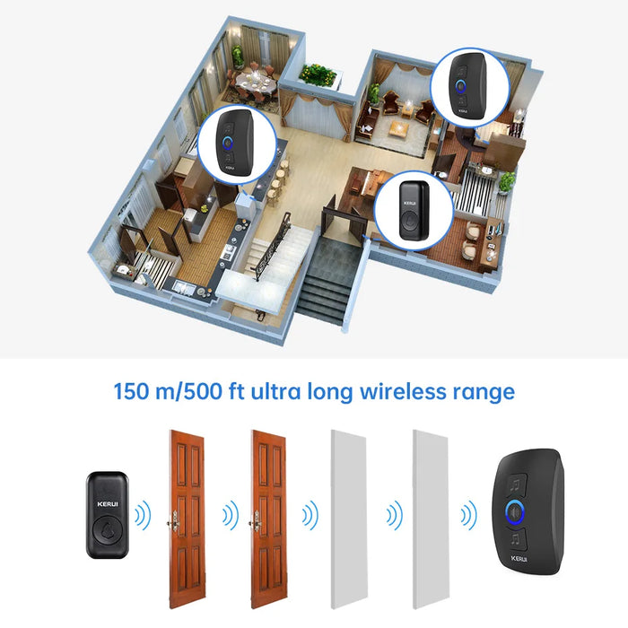 KERUI M525 Campanello senza fili esterno Impermeabile Smart Home Campanello per porta Kit LED Flash Allarme di sicurezza Melodie di benvenuto per la casa