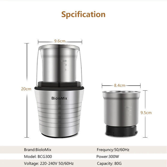 BioloMix 2-in-1 tazze doppie bagnate e asciutte 300W spezie elettriche e macinacaffè corpo in acciaio inossidabile e lame Miller