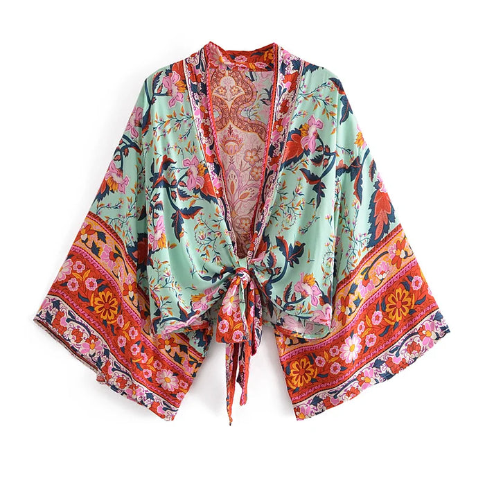 Happie Queens stampa floreale telai Kimono corto moda donna scollo a V maniche a pipistrello Robe Lady Boho Bikini Cover-up