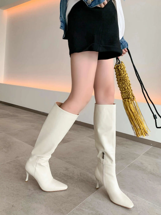 Krazing Pot Cow Split Leather Small Square Toe Stiletto tacchi alti stile semplice scarpe invernali calde Beauty Lady stivali alti alla coscia