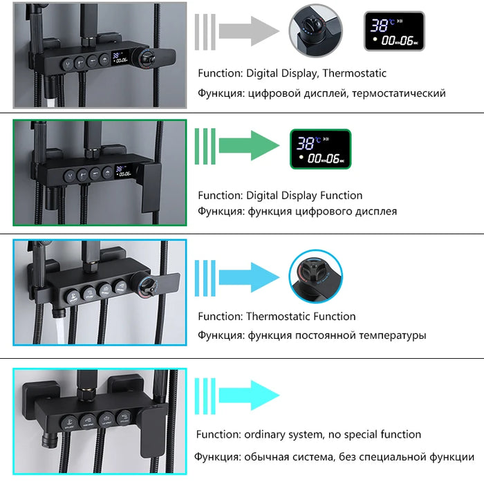 Set di rubinetti termostatici per doccia OXG nero/cromato Display digitale, miscelatore per doccia da bagno, sistema doccia in ottone, Set doccia a pioggia