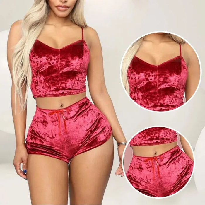 Set pigiama Sexy con spalline da donna velluto da donna in poliestere confortevole biancheria intima con scollo a v vestiti per la casa 2 pezzi senza maniche