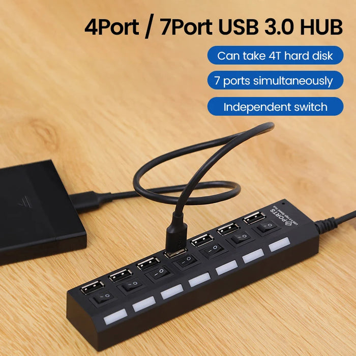 Hub USB 2.0 porte Splitter Multi USB Hub usa adattatore di alimentazione Hub espansore multiplo a 4/ 7 porte con cavo Switch da 30CM per la casa