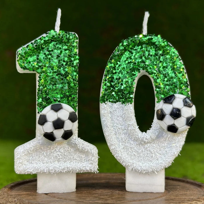 Candele di compleanno per bambini di calcio 0-9 numero verde Sparkles compleanno pallone da calcio candela per la decorazione della torta della festa del ragazzo