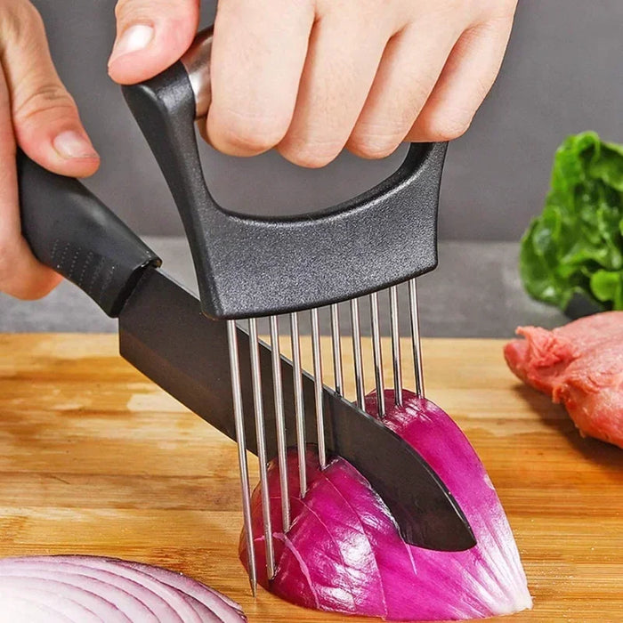 Stainless Steel Onion Needle With Cutting Safe Aid Holder Easy Slicer Cutter Tomato Safe Fork Handheld Vegetable Knife Kitchen