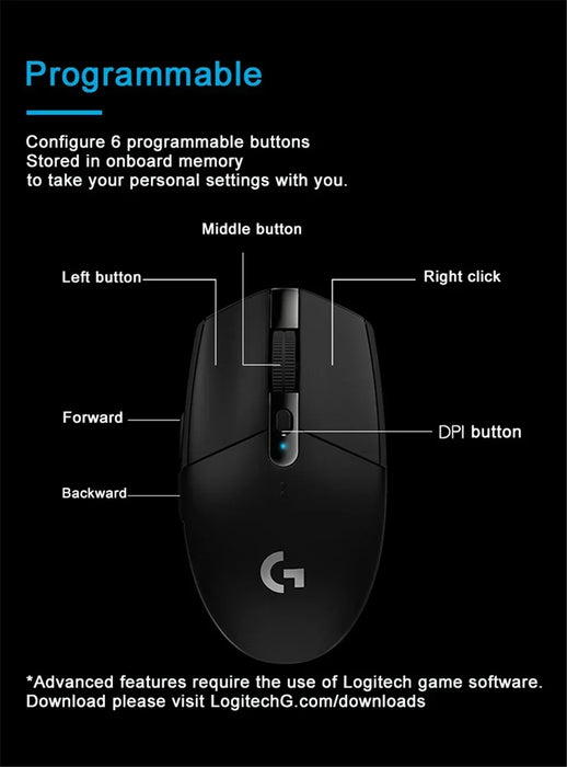 Logitech G304 Gioco per computer Mouse wireless 2.4g Mouse ergonomico Hero Engine 12000 dpi Accessorio per PC Bluetooth Win Mac Os Regalo