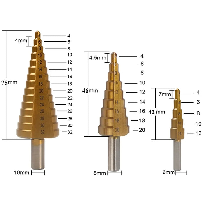 6Pcs Step Drill Bit Saw Set di punte per trapano fresa in titanio 4-12 4-20 4-32mm 3 6 8mm per la lavorazione del legno apriscatole con anima in metallo