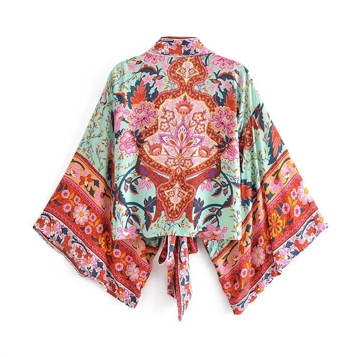 Happie Queens stampa floreale telai Kimono corto moda donna scollo a V maniche a pipistrello Robe Lady Boho Bikini Cover-up