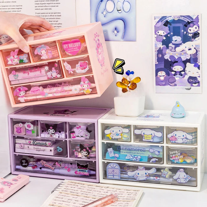 Sanrio 6 scatola portaoggetti a griglia cassetto da tavolo scatola di organizzazione trasparente portapenne da scrivania invia adesivi Kuromi Melody Cinnamoroll