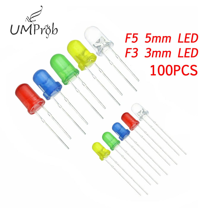 100 Pz/lotto 3mm 5mm F3 F5 LED Rotondo Ultra Luminoso Bianco Verde Giallo Blu Bianco Rosso Diodo Emettitore di Luce Per Il Kit Fai Da Te