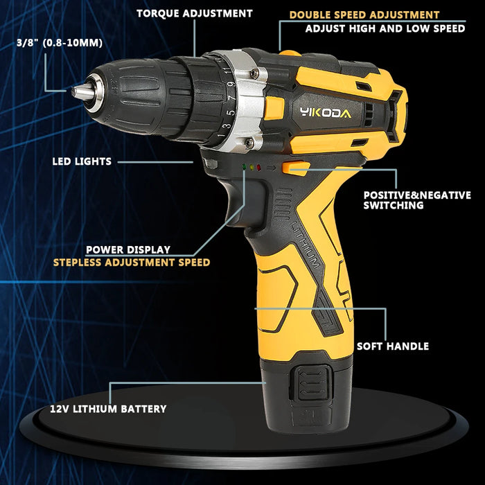 YIKODA 12/16.8/21V trapano a batteria cacciavite elettrico ricaricabile batteria al litio utensili elettrici multifunzione a 2 velocità per uso domestico