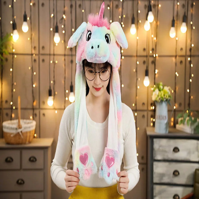 Cartoon Bunny Ear Move Hat Jumping up Toys Rabbit Girls Animal peluche Costume Cosplay Cap Kids Party for Adult Funny Anime Hat