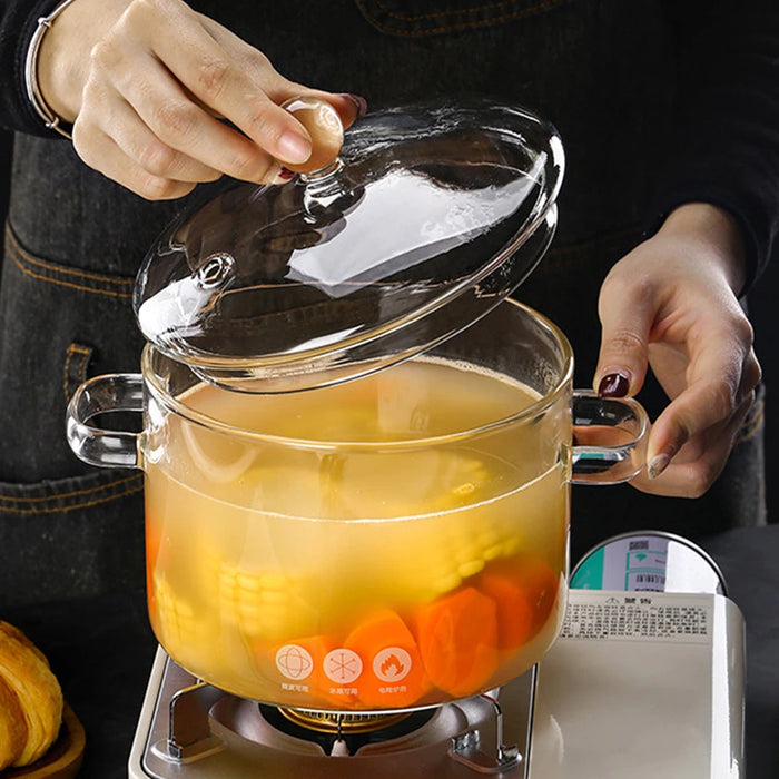 Pentola per zuppa in vetro trasparente resistente al calore riscaldamento a microonde doppia maniglia casseruola in vetro con coperchio utensili da cucina