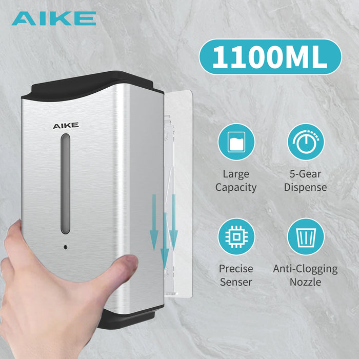 AIKE Dispenser automatico di sapone liquido da 1100ML Dispenser di liquido disinfettante per le mani da bagno Dispenser di sapone a parete in acciaio inossidabile