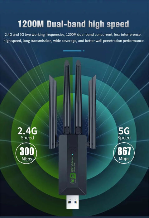 Adattatore Dual Band USB wifi 1200Mbps 2.4GHz 5GHz WiFi con 4 antenne PC Mini Computer ricevitore scheda di rete 600Mbps