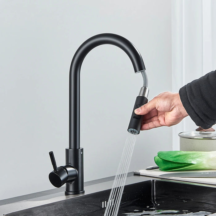 Rubinetto da cucina nero miscelatore estraibile monocomando a due funzioni rubinetti per acqua calda e fredda montati sul ponte