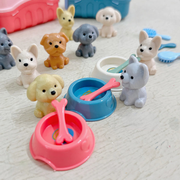 8 pz/set Cute Dog Pet Basket Family Toys Dog Doll Set Dog Cage Toys Scene Playing Toys regali di decorazione natalizia