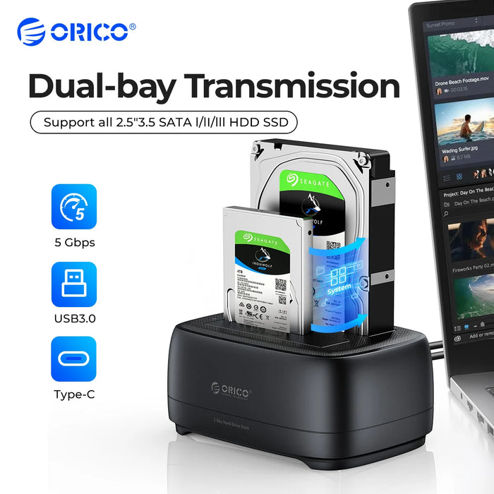 ORICO Dual-bay Hard Drive Station USB3.0 Docking Station HDD di tipo C da 5Gbps con adattatore di alimentazione 12V 3A per HDD/SSD da 2.5/3.5 pollici